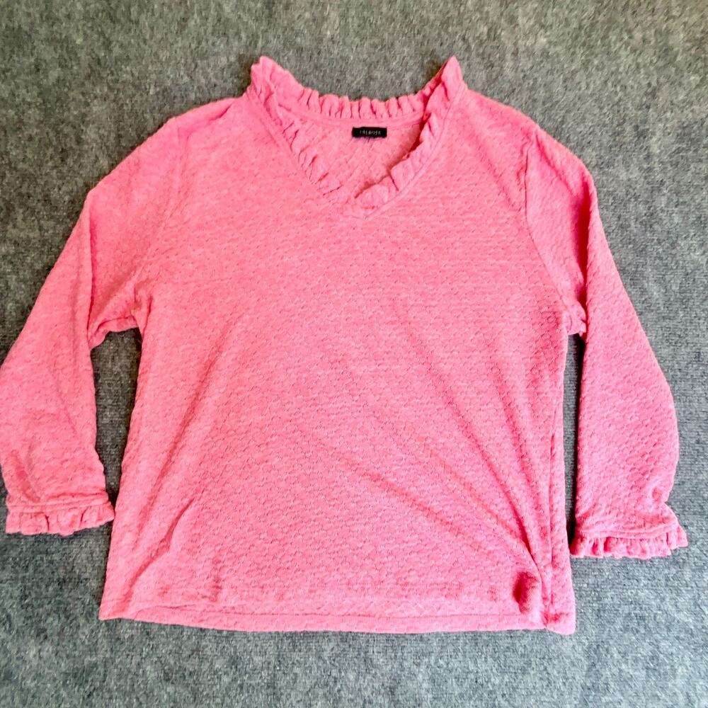 Talbots Womens Medium Pink Textured Ruffle Trim V-Neck Sweater 3/4 Sleeve